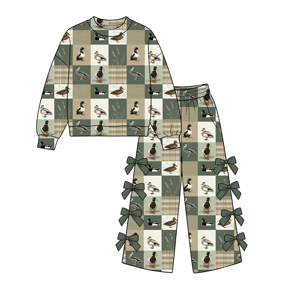 Preorder moq 5 Baby Girls Ducks Checked Top Pockets Bows Flare Pant Hunting Clothes Set