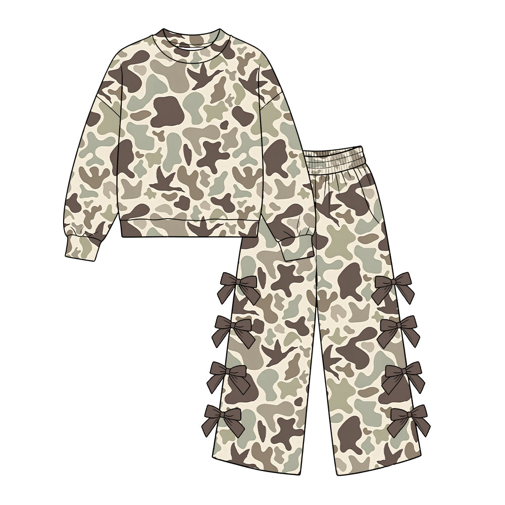 Preorder moq 5 Baby Girls Ducks Camo Top Pockets Bows Flare Pant Hunting Clothes Set