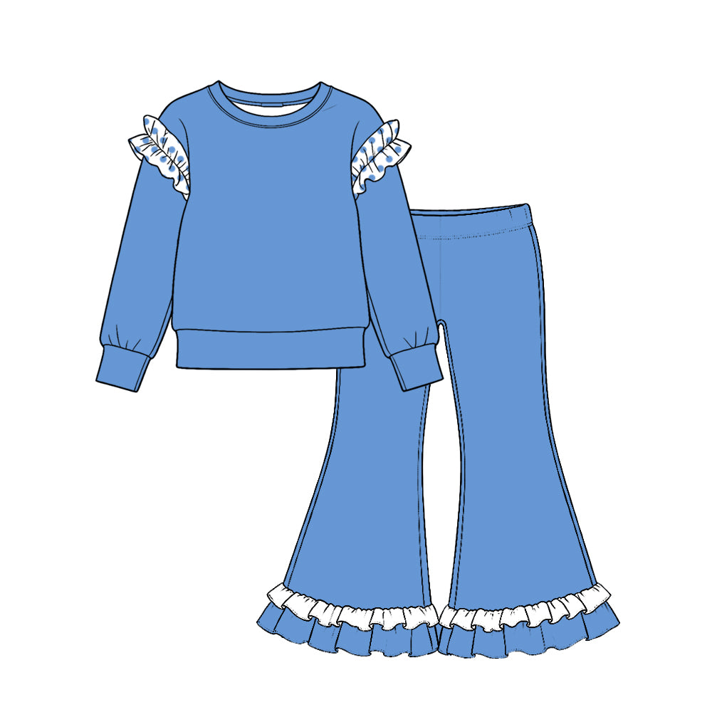 Preorder moq 5 Baby Girls Hot Blue Shirts Ruffle Flare Pant Cotton Clothes Set