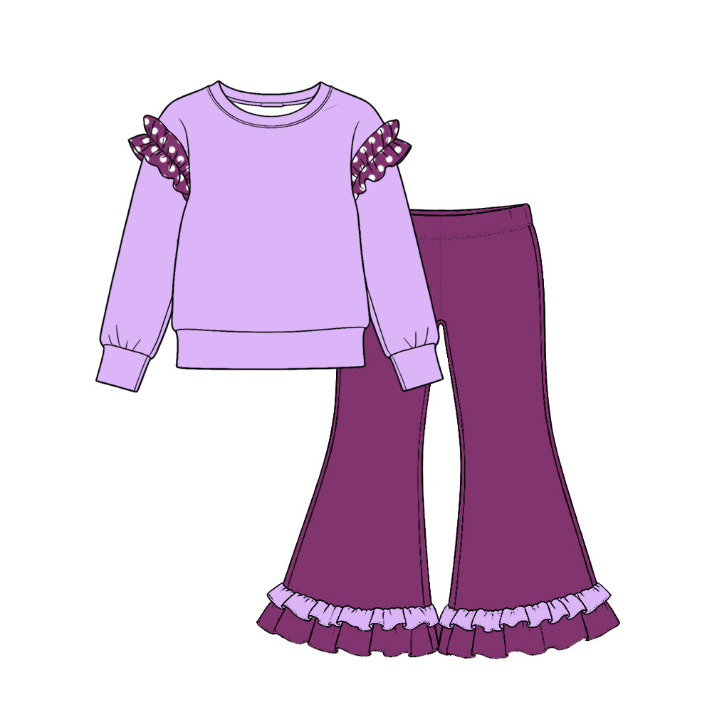 Preorder moq 5 Baby Girls Lavender Shirts Ruffle Flare Pant Cotton Clothes Set