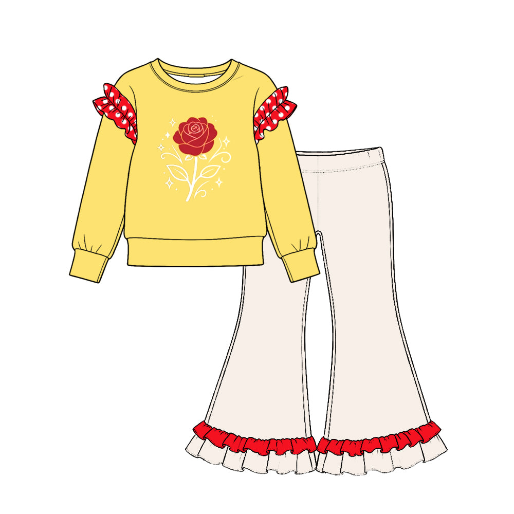 Preorder moq 5 Baby Girls Yellow White Flowers Shirts Ruffle Flare Pant Cotton Clothes Set
