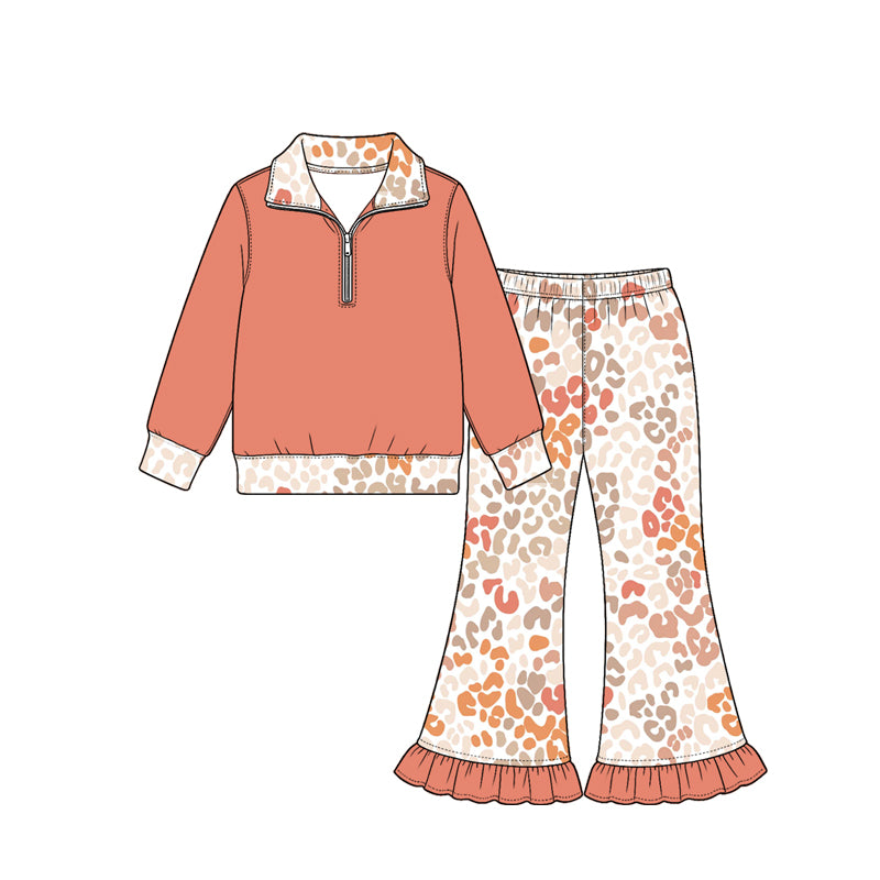 Preorder moq 5 Baby Girls Orange Zip Pullover Leopard Ruffle Flare Pant Clothes Set