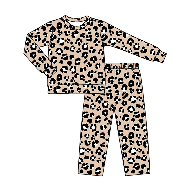 Preorder moq 5 Baby Girls Brown Black Leopard Top Pockets Flare Pant Clothes Set
