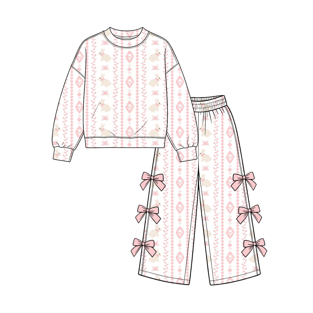 Preorder moq 5 Baby Girls Pink Rabbits Flowers Top Bows Flare Pant Easter Clothes Set
