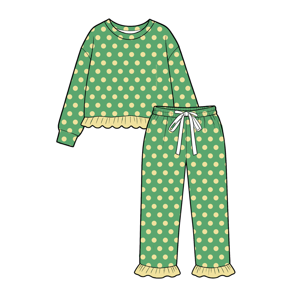 Preorder moq 5 Baby Girls Green Polka Dots Top Ruffle Pant Clothes Set