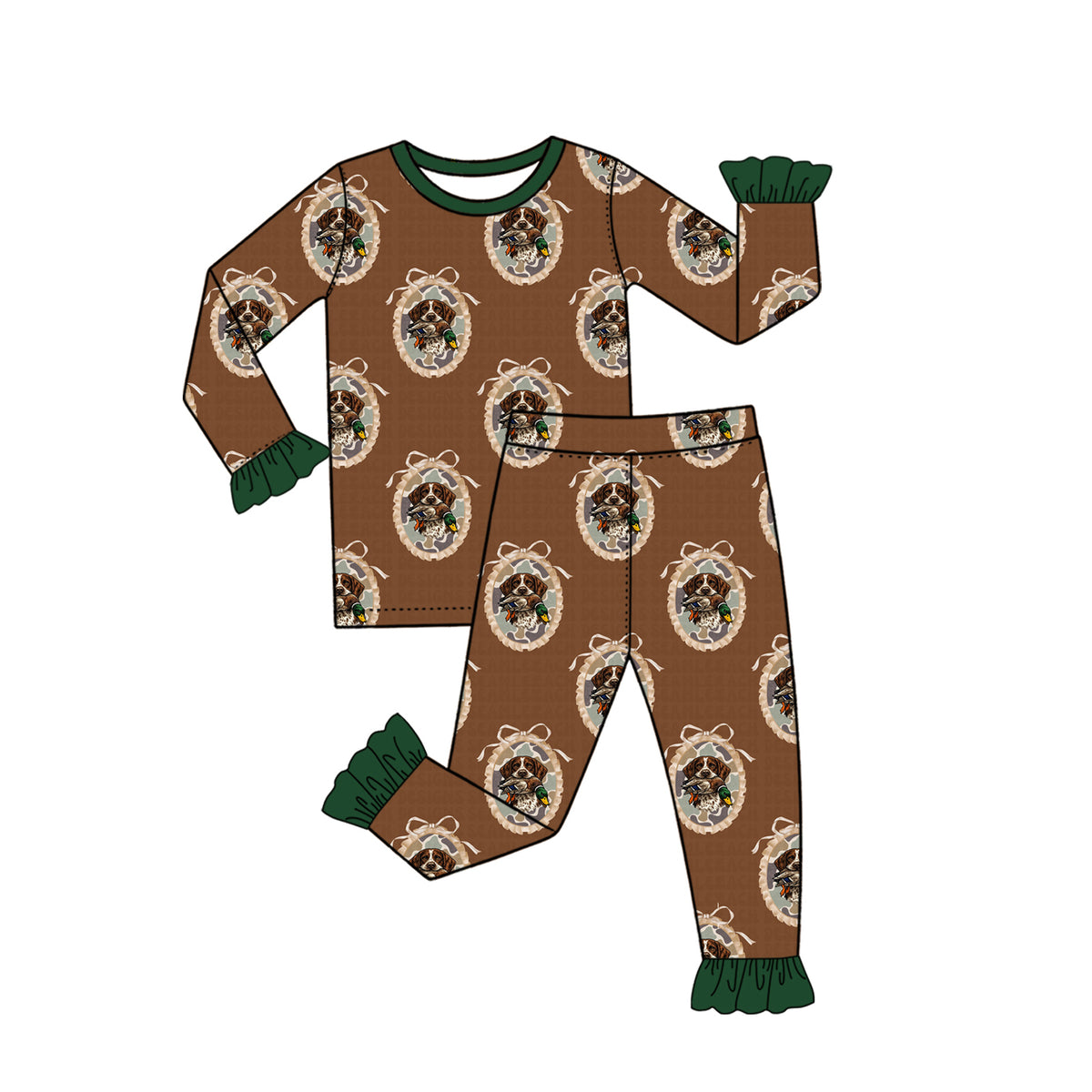 Preorder moq 5 Baby Girls Brown Bows Dogs Ducks Top Ruffle Pant Hunting Pajamas Set