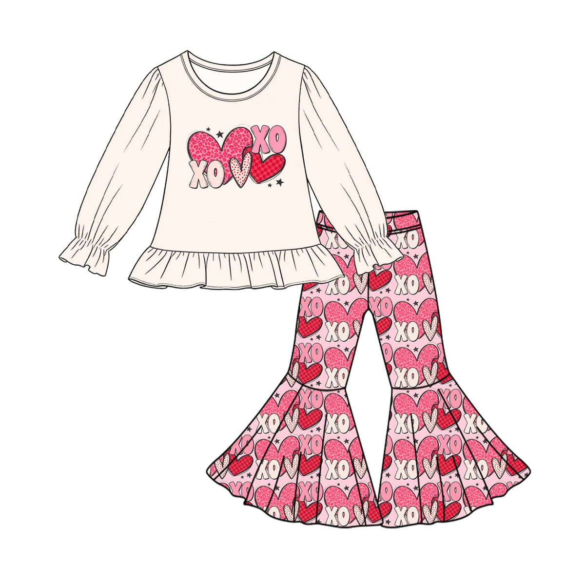 Preorder moq 5 Baby Girls Pink Hearts XOXO Tunic Bell Bottom Pant Valentines Clothes Set