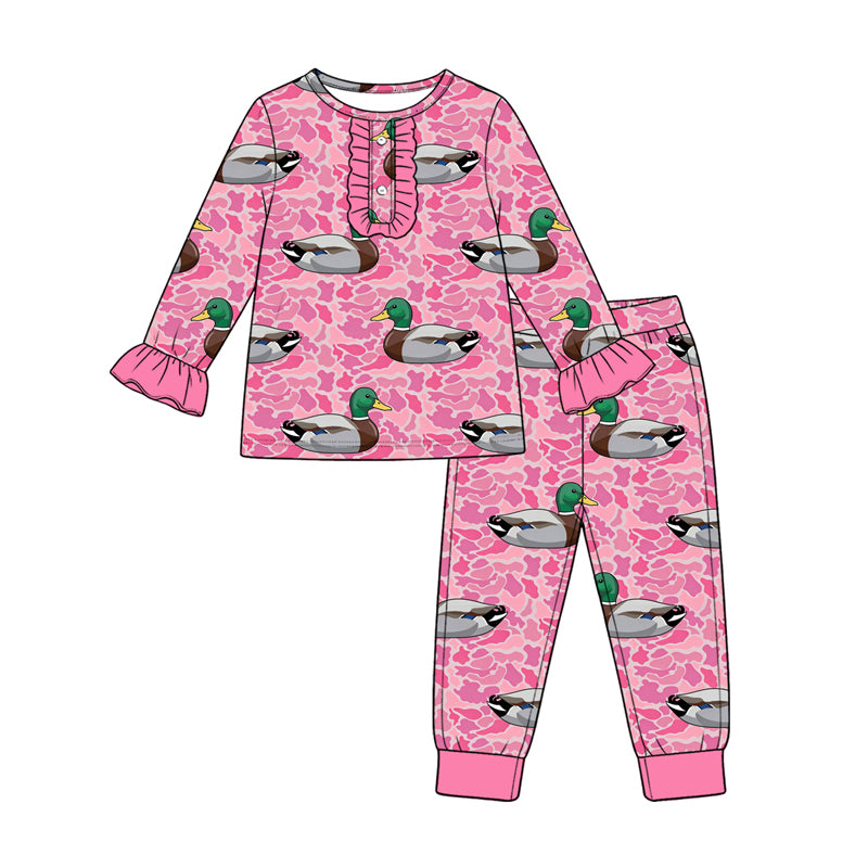 Preorder moq 5 Baby Girls Pink Camo Ducks Button Top Pant Hunting Pajamas Set