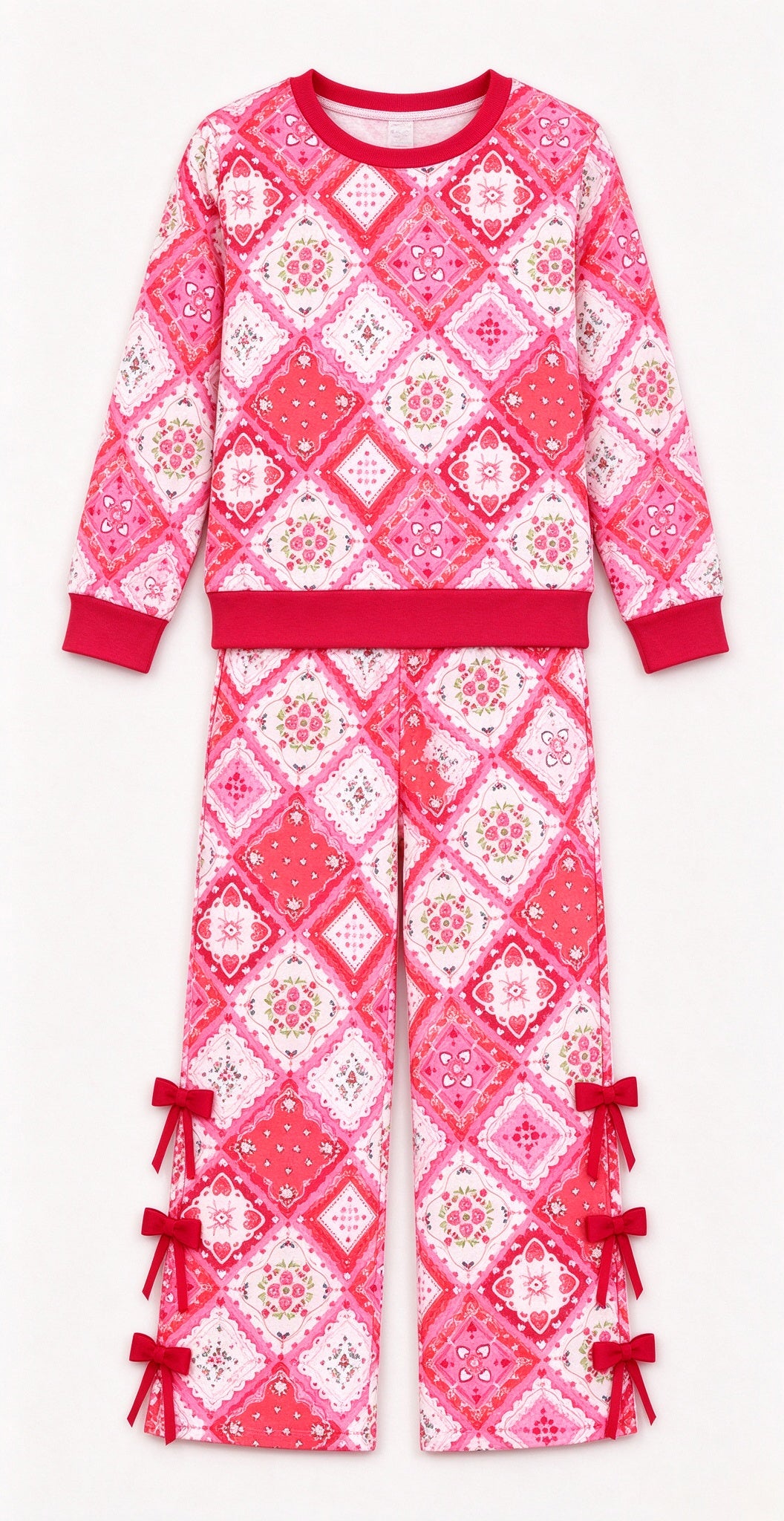 Preorder moq 5 Baby Girls Pink Flowers Checked Top Bows Flare Pant Clothes Set