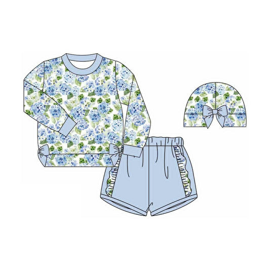 Baby Girls Blue Floral Bows Shirts Top Ruffle Shorts Clothes Sets Preorder