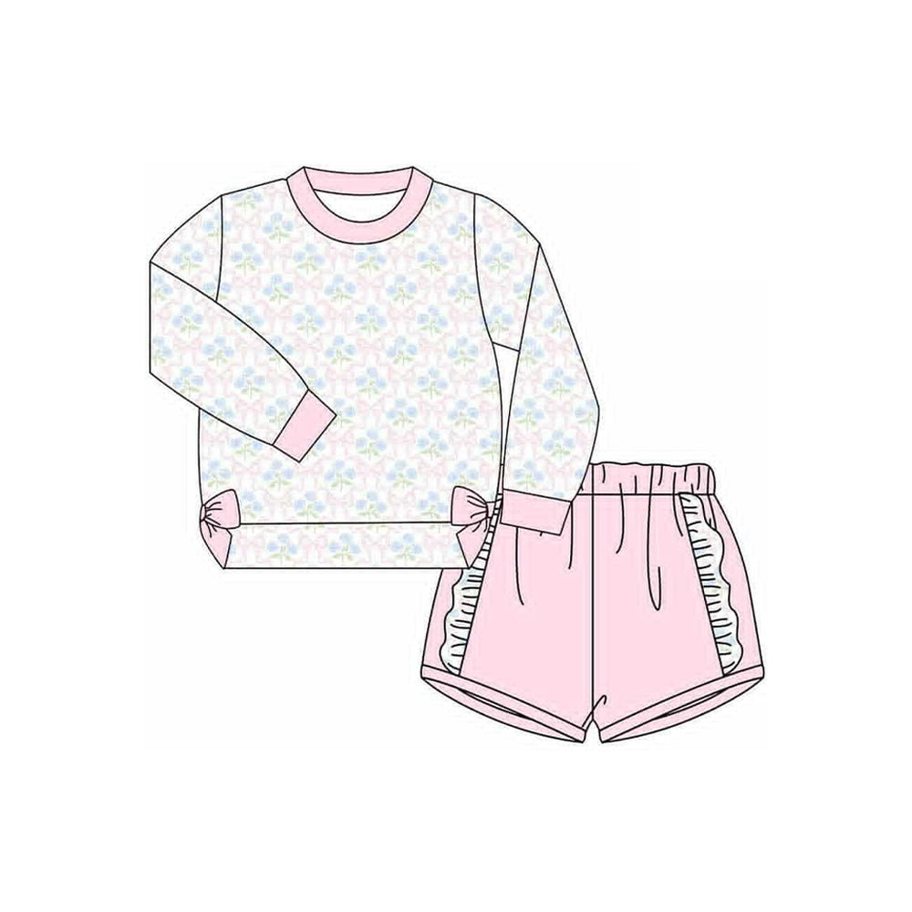Baby Girls Pink Floral Bows Shirts Top Ruffle Shorts Clothes Sets Preorder