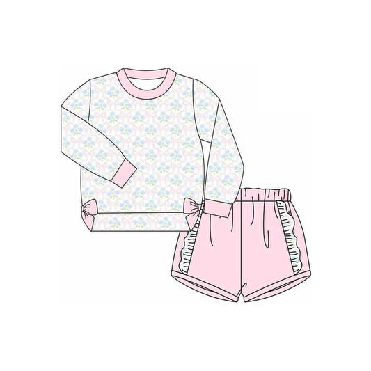 Baby Girls Pink Floral Bows Shirts Top Ruffle Shorts Clothes Sets Preorder