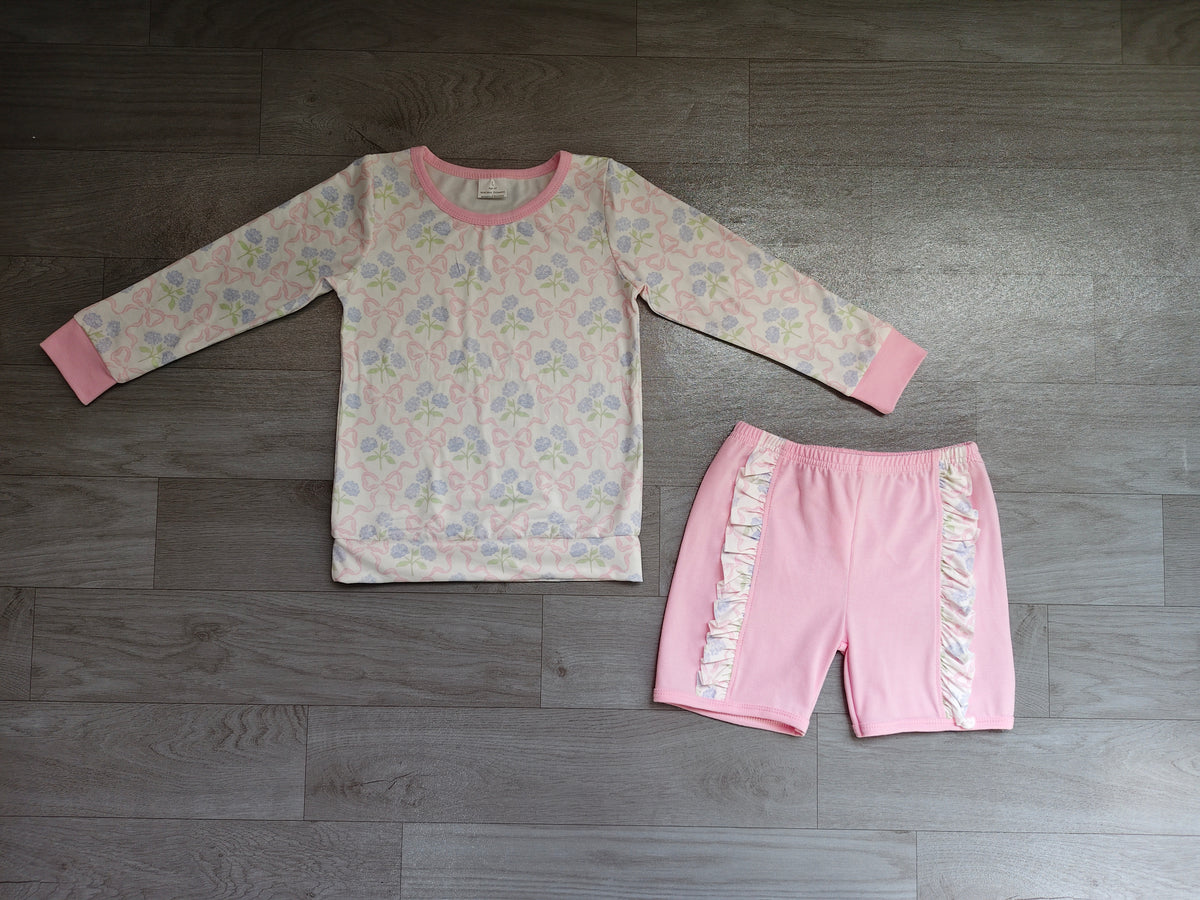 Baby Girls Pink Floral Bows Shirts Top Ruffle Shorts Clothes Sets Preorder