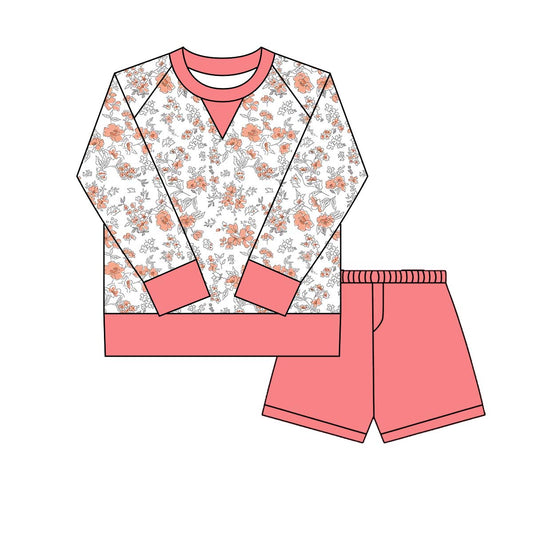 Baby Girls Peach Floral Long Sleeve Top Shorts Yoga Clothes Sets Preorder