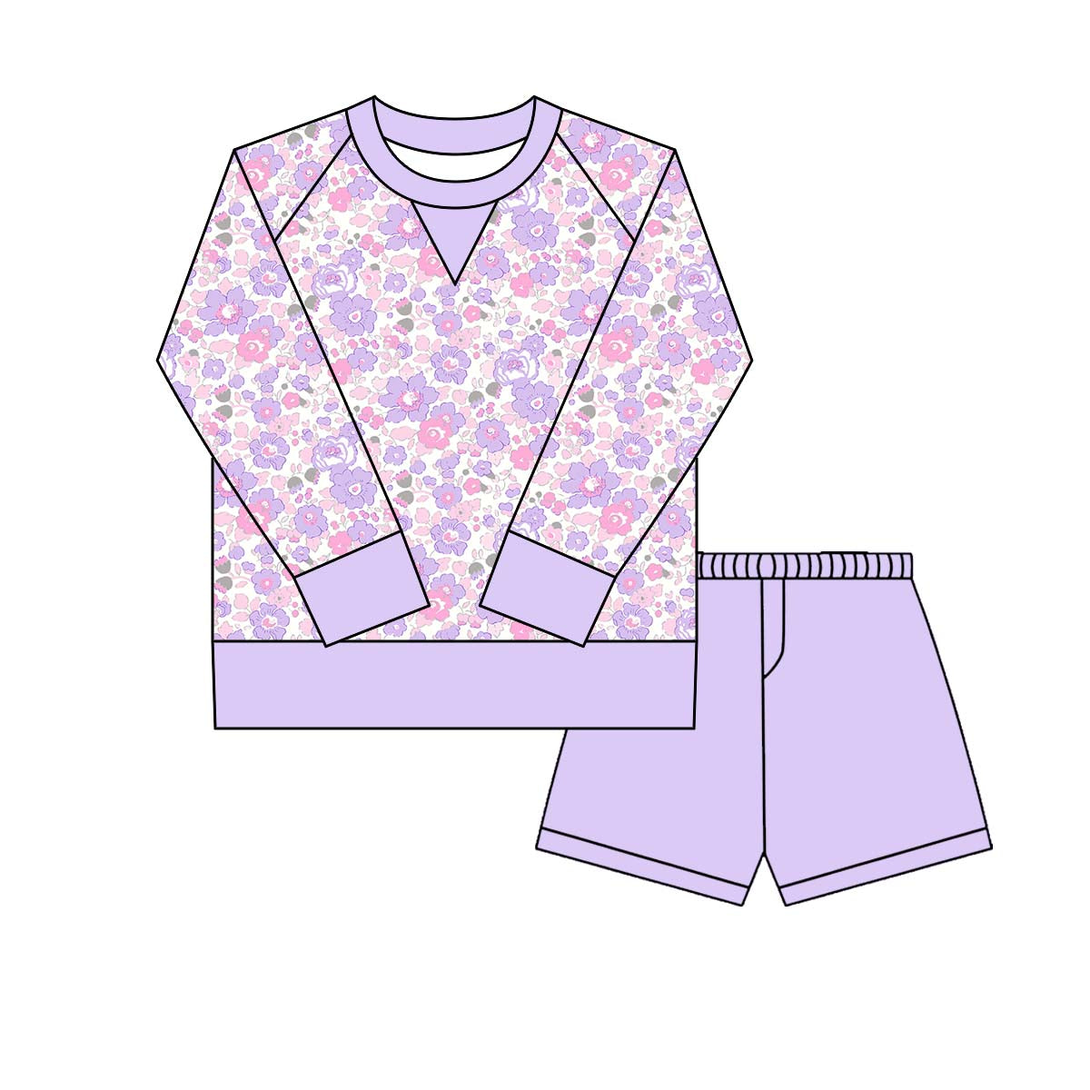 Baby Girls Lavender Pink Floral Long Sleeve Top Shorts Yoga Clothes Sets Preorder