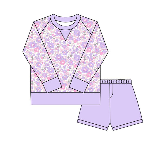 Baby Girls Lavender Pink Floral Long Sleeve Top Shorts Yoga Clothes Sets Preorder
