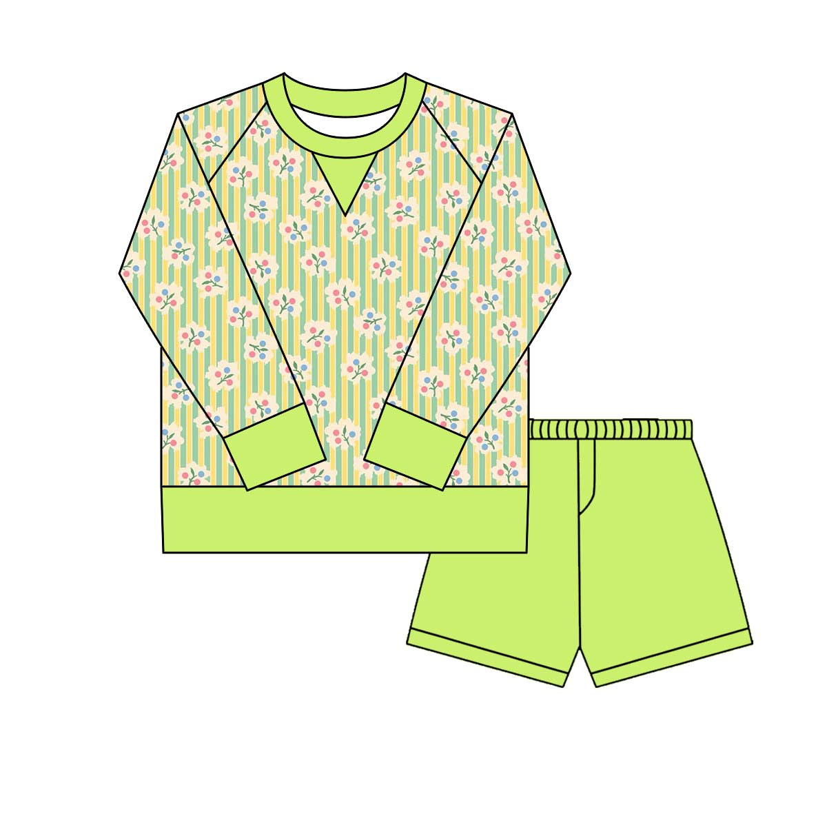 Baby Girls Green Stripe Flowers Long Sleeve Top Shorts Yoga Clothes Sets Preorder