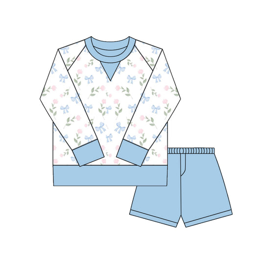 Baby Girls Blue Pink Bows Flowers Long Sleeve Top Shorts Yoga Clothes Sets Preorder