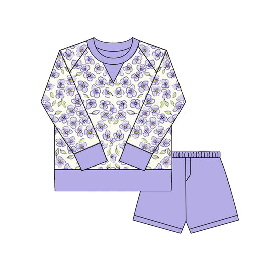 Baby Girls Purple Flowers Long Sleeve Top Shorts Yoga Clothes Sets Preorder