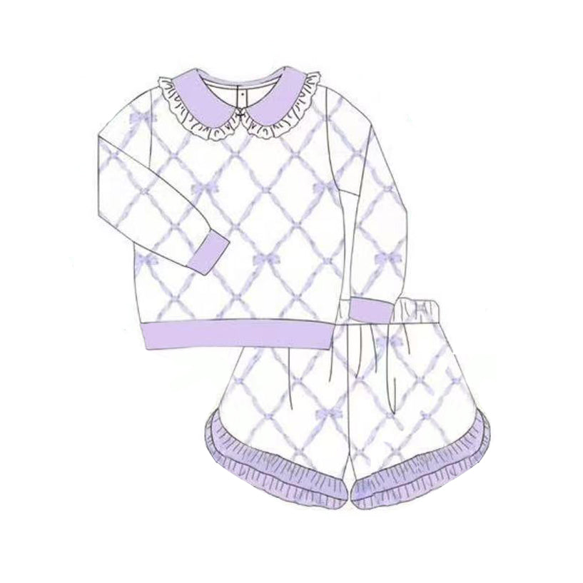 Baby Girls Lavender Bows Checked Long Sleeve Top Shorts Clothes Sets Preorder
