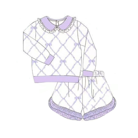 Baby Girls Lavender Bows Checked Long Sleeve Top Shorts Clothes Sets Preorder
