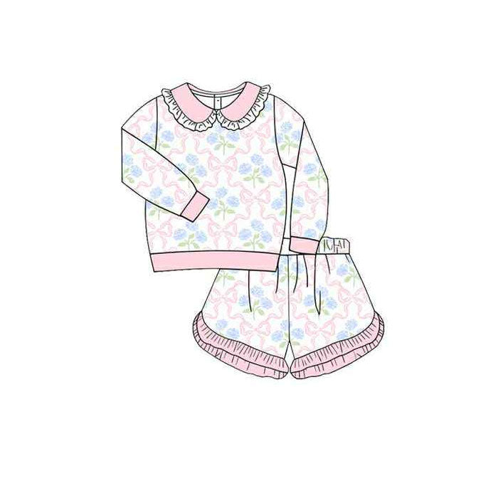Baby Girls Long Sleeve Bows Flowers Checked Top Ruffle Shorts Clothes Sets Preorder