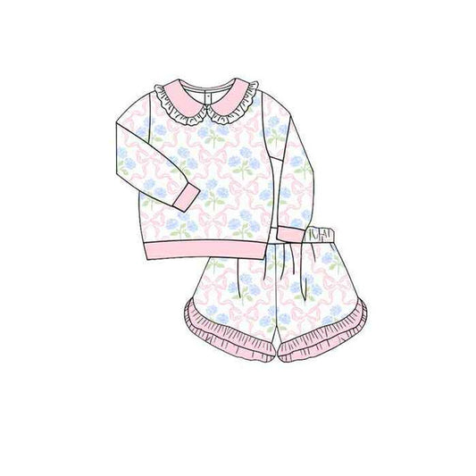 Baby Girls Long Sleeve Bows Flowers Checked Top Ruffle Shorts Clothes Sets Preorder