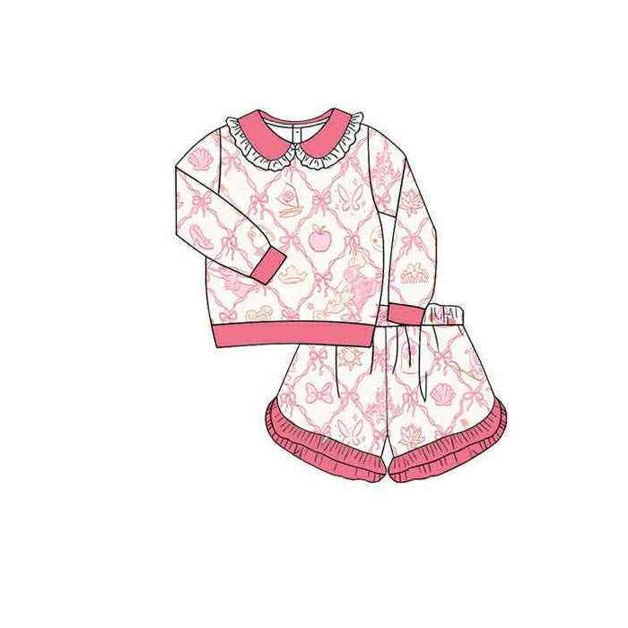Baby Girls Long Sleeve Bows Shell Checked Top Ruffle Shorts Clothes Sets Preorder