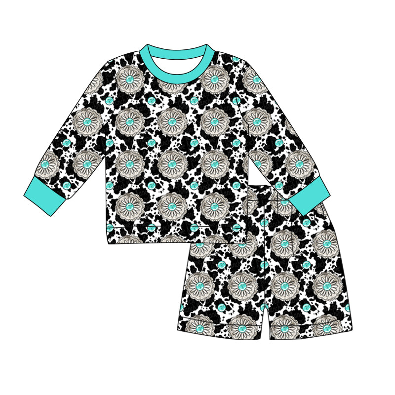 Baby Girls Long Sleeve Cow Print Turquoises Top Shorts Western Clothes Sets Preorder