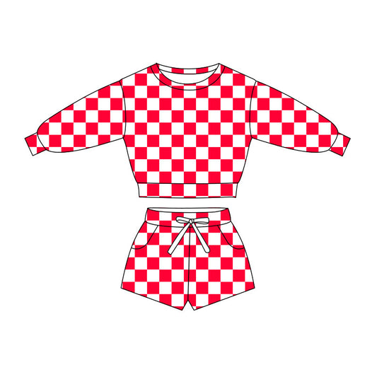 Baby Girls Long Sleeve Watermelon Red Checked Top Pockets Short Clothes Sets Preorder