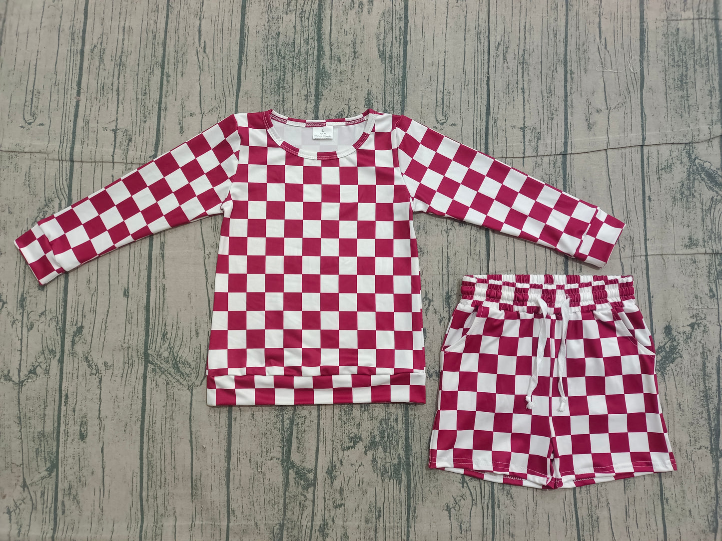 Baby Girls Long Sleeve Dark Red Checked Top Pockets Short Clothes Sets