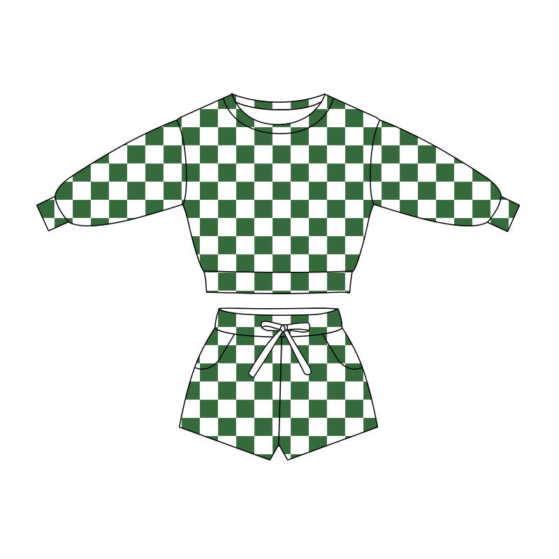 Baby Girls Long Sleeve Green Checked Top Pockets Short Clothes Sets Preorder