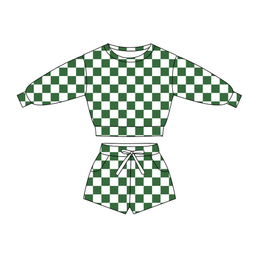 Baby Girls Long Sleeve Green Checked Top Pockets Short Clothes Sets Preorder