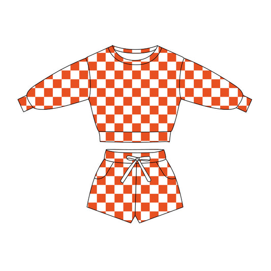 Baby Girls Long Sleeve Orange Checked Top Pockets Short Clothes Sets Preorder