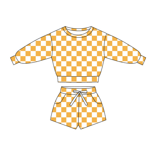 Baby Girls Long Sleeve Yellow Checked Top Pockets Short Clothes Sets Preorder