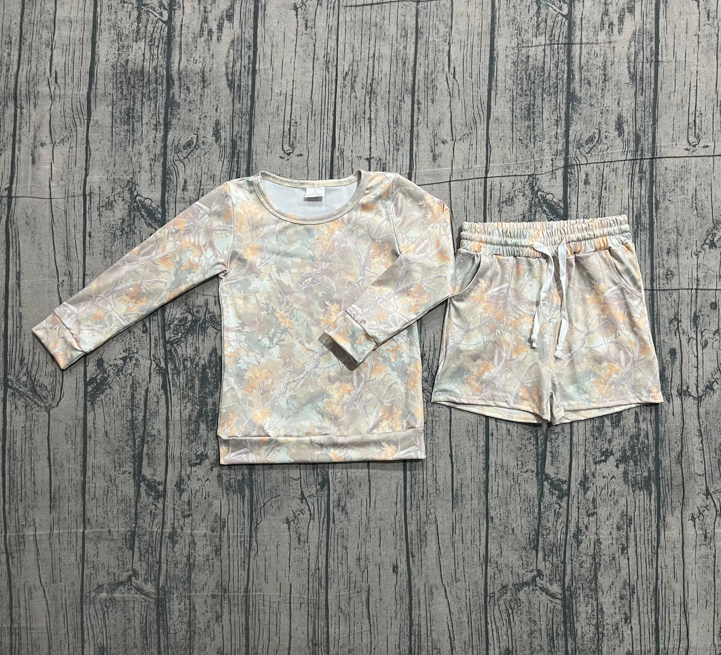 Baby Girls Leaves Camo Long Sleeve Top Pockets Shorts Southern Clothes Sets Preorder