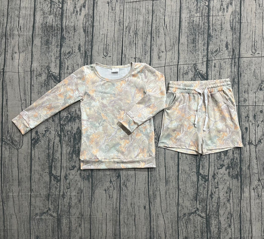 Baby Girls Leaves Camo Long Sleeve Top Pockets Shorts Southern Clothes Sets Preorder