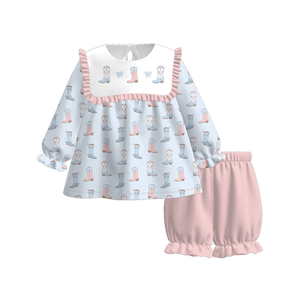 Baby Girls Blue Bows Boots Tunic Ruffle Shorts Western Clothes Sets Preorder