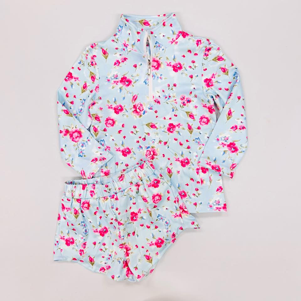 Baby Girls Pink Flower Zipper Pullovers Pocket Short Yoga Clothes Set Preorder
