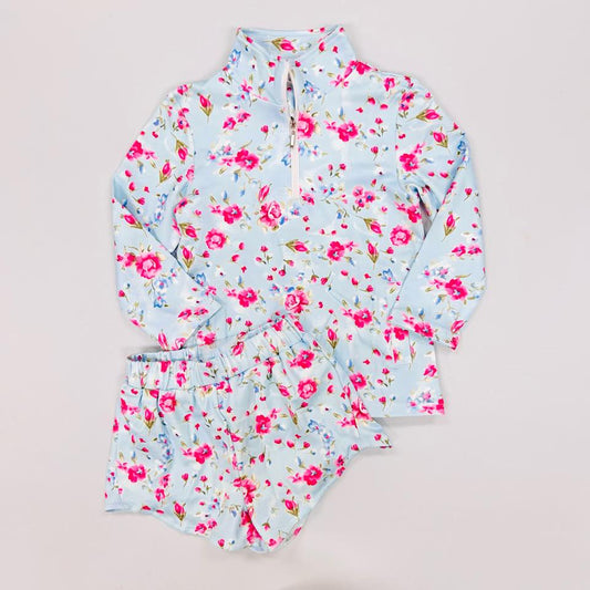 Baby Girls Pink Flower Zipper Pullovers Pocket Short Yoga Clothes Set Preorder
