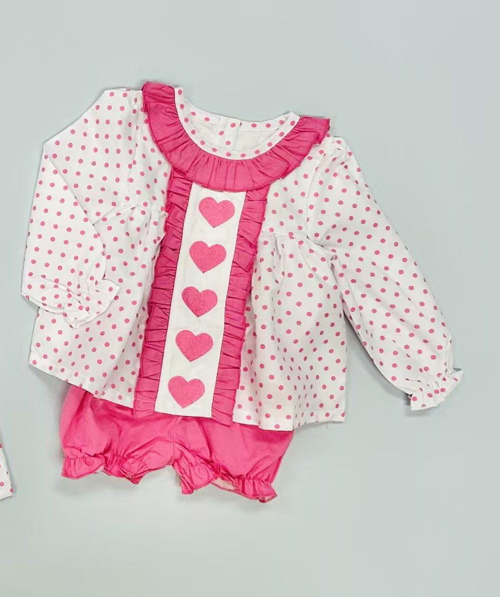 Baby Girls Pink Polka Dots Heart Collar Tunic Ruffle Short Valentines Clothes Set Preorder