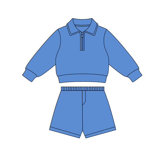 Baby Girls Blue Long Sleeve Zipper Pullovers Top Shorts Yoga Clothes Sets Preorder