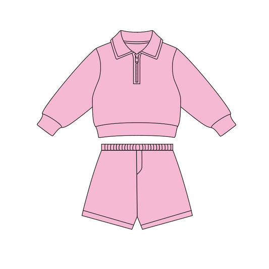 Baby Girls Pink Long Sleeve Zipper Pullovers Top Shorts Yoga Clothes Sets Preorder
