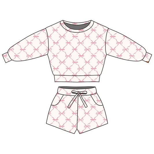 Baby Girls Pink Bows Checked Long Sleeve Top Pockets Shorts Clothes Sets Preorder