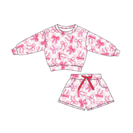 Baby Girls Pink Checked Bows Long Sleeve Top Pockets Shorts Clothes Sets Preorder