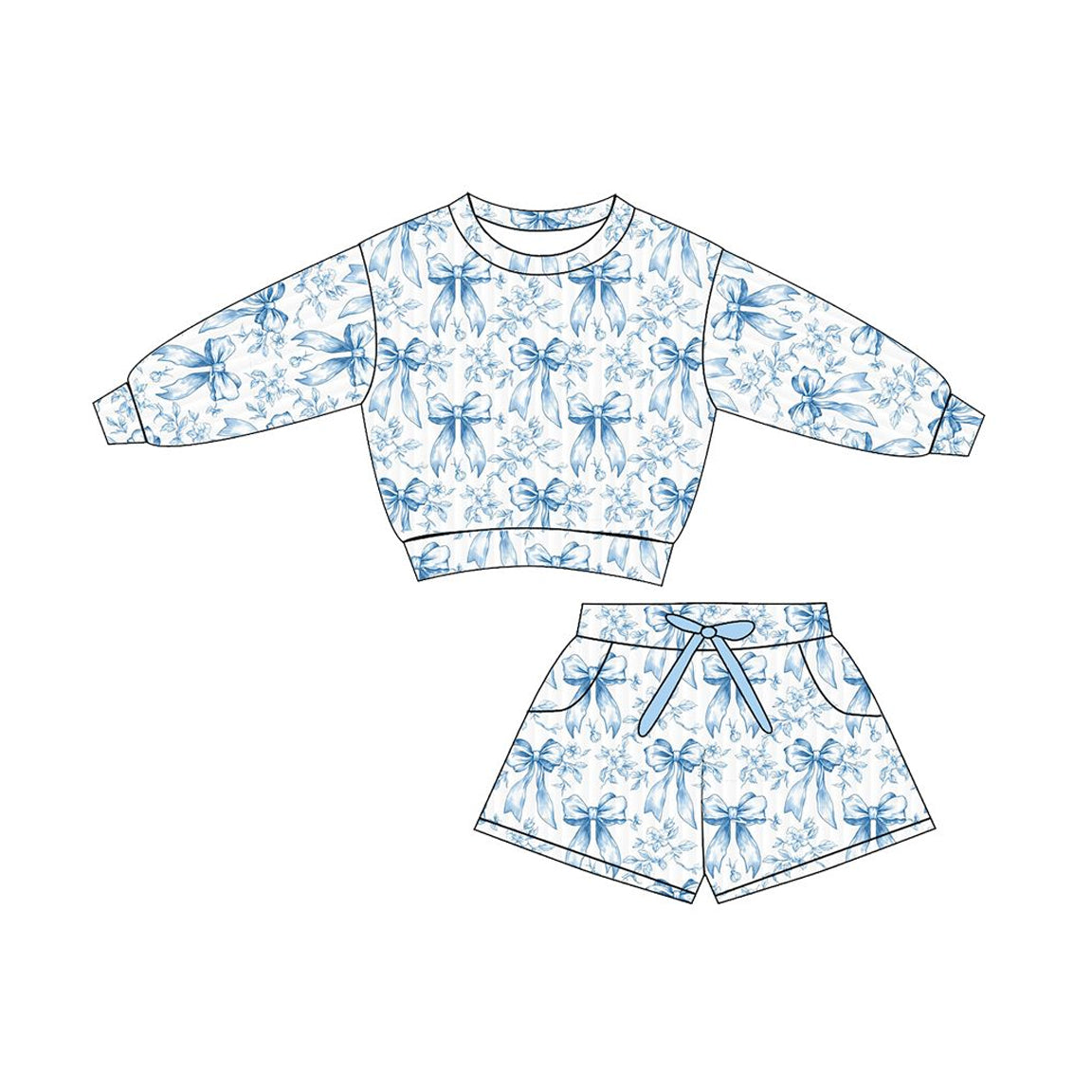Baby Girls Blue Bows Flowers Long Sleeve Top Pockets Shorts Clothes Sets Preorder