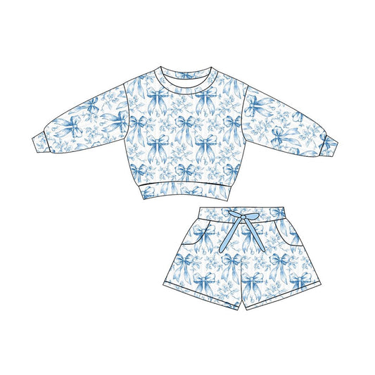 Baby Girls Blue Bows Flowers Long Sleeve Top Pockets Shorts Clothes Sets Preorder