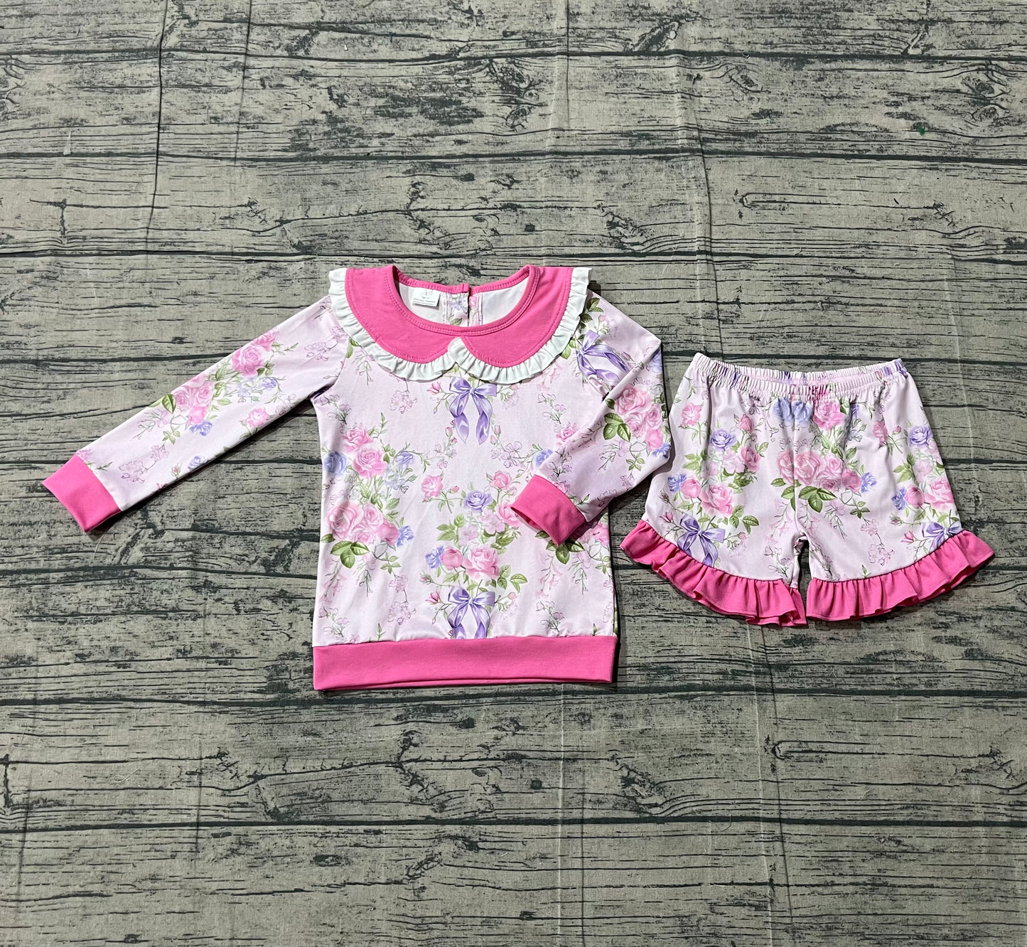 Baby Girls Pink Flowers Collar Top Ruffle Shorts Clothes Sets