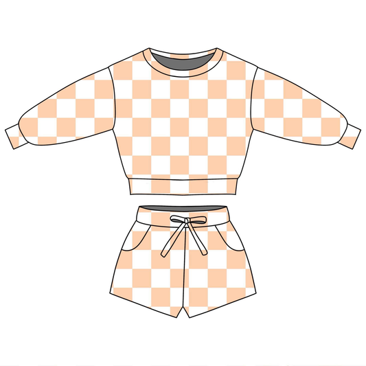 Baby Girls Peach Checked Long Sleeve Top Pockets Shorts Clothes Sets Preorder