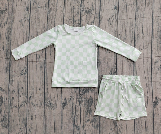 Baby Girls Light Green Checked Long Sleeve Top Pockets Shorts Clothes Sets
